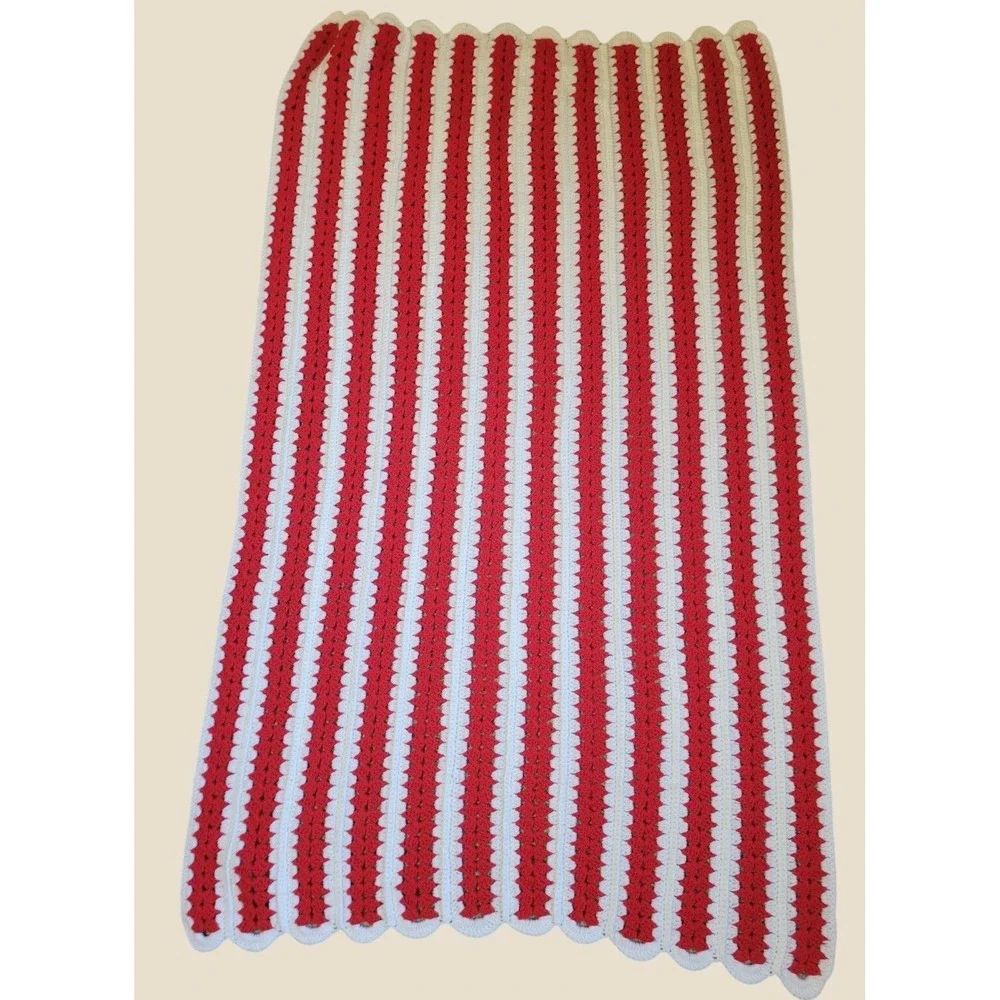 Vtg Handmade Crochet Throw Blanket Farmhouse Christmas Striped Red White 60x36